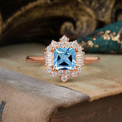vintage Aquamarine Princess Cut Ring with Brilliant Cluster Design