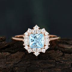 Princess Cut Aquamarine Engagement Ring Brilliant Cluster Ring