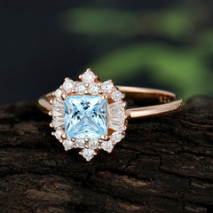 Princess Cut Aquamarine Engagement Ring Brilliant Cluster Ring