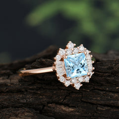 Princess Cut Aquamarine Engagement Ring Brilliant Cluster Ring