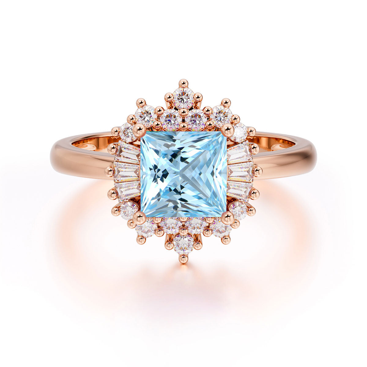 Princess Cut Aquamarine Engagement Ring Brilliant Cluster Ring