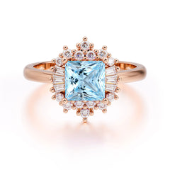 Princess Cut Aquamarine Engagement Ring Brilliant Cluster Ring