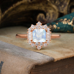 Princess Cut Moonstone Engagement Ring Brilliant Cluster Ring