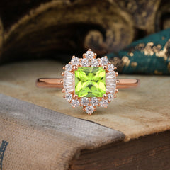 Princess Cut Peridot Engagement Ring Brilliant Cluster Ring