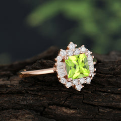 Princess Cut Peridot Engagement Ring Brilliant Cluster Ring