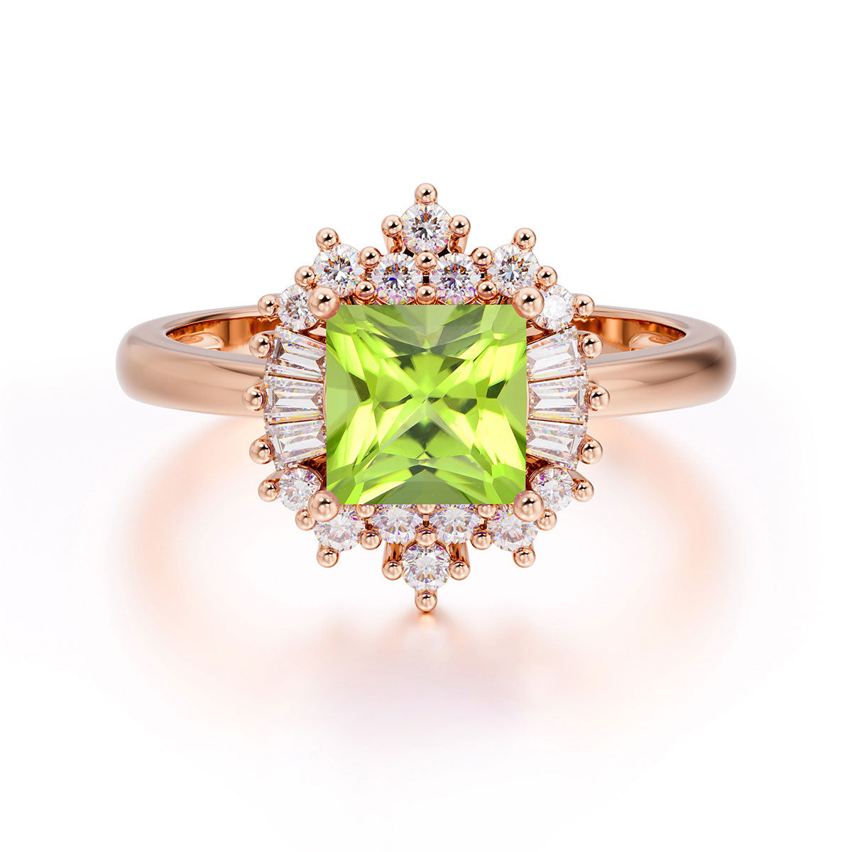 Princess Cut Peridot Engagement Ring Brilliant Cluster Ring