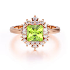 Princess Cut Peridot Engagement Ring Brilliant Cluster Ring