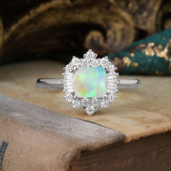 Dreamy Opal Princess Cut Engagement Ring in Cluster Setting