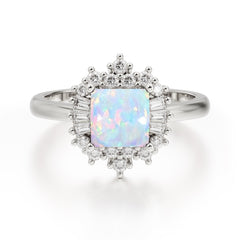 Princess Cut Opal Engagement Ring Brilliant Cluster Ring