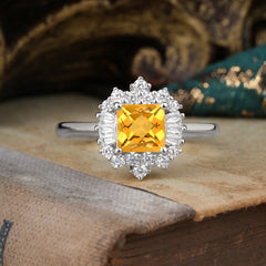 Princess Cut Citrine Engagement Ring Brilliant Cluster Ring