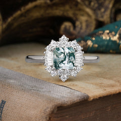 Nature-Inspired Moss Agate Princess Cut Cluster Ring