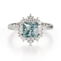 Princess Cut Moss Agate Engagement Ring Brilliant Cluster Ring
