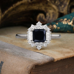 Princess Cut Black Onyx Engagement Ring Brilliant Cluster Ring