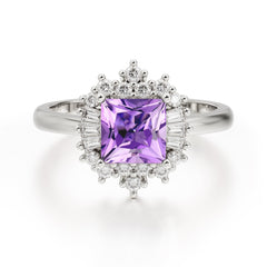 Princess Cut Amethyst Engagement Ring Brilliant Cluster Ring