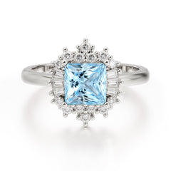 Princess Cut Aquamarine Engagement Ring Brilliant Cluster Ring