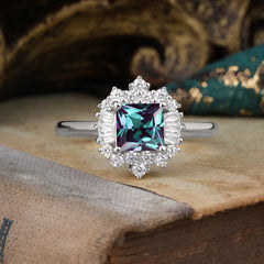 Princess Cut Alexandrite Engagement Ring Brilliant Cluster Ring