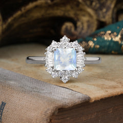 Princess Cut Moonstone Engagement Ring Brilliant Cluster Ring