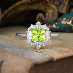 Princess Cut Peridot Engagement Ring Brilliant Cluster Ring