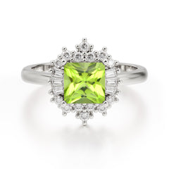 Princess Cut Peridot Engagement Ring Brilliant Cluster Ring