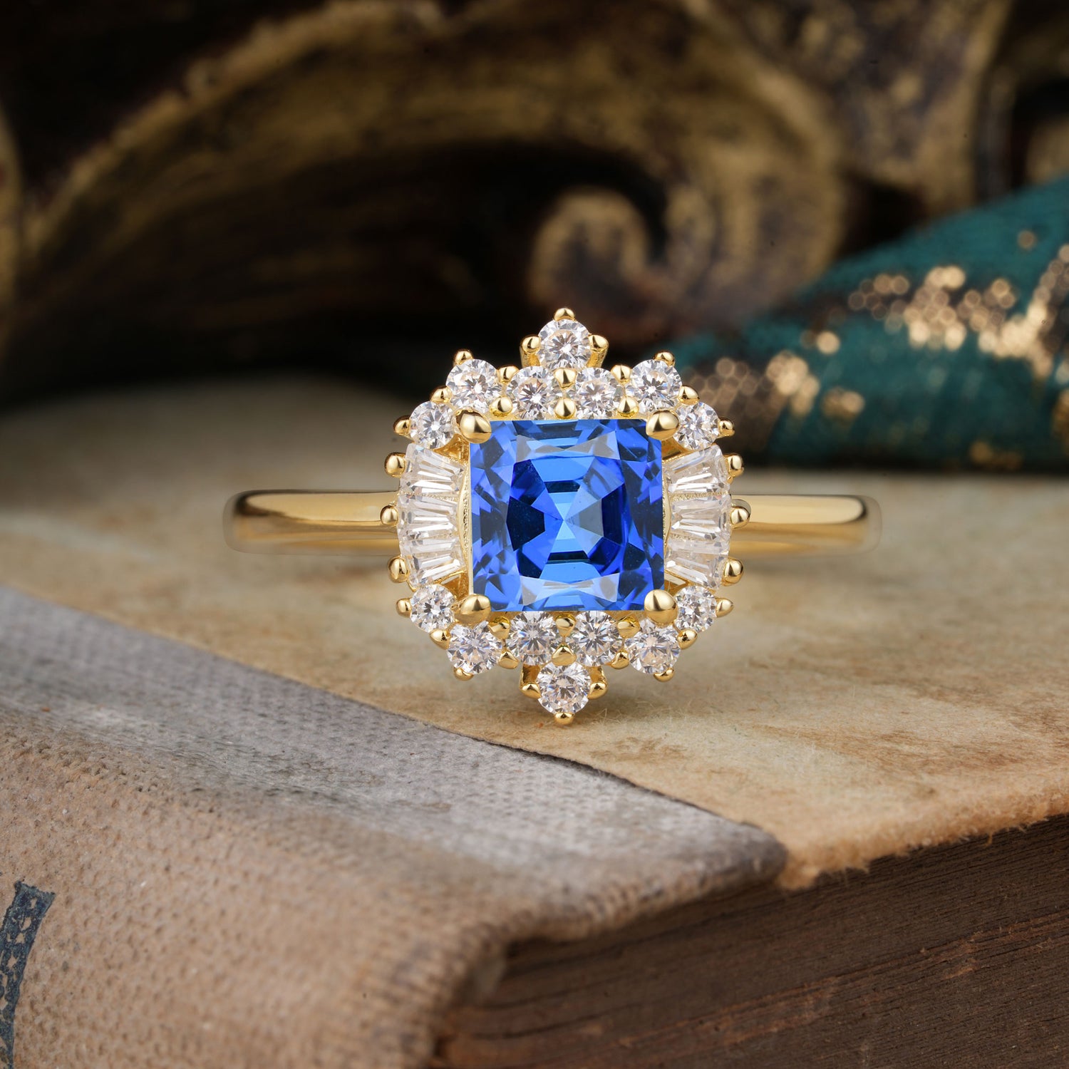 Classic 4 Prong Princess Cut Sapphire Cluster Engagement Ring