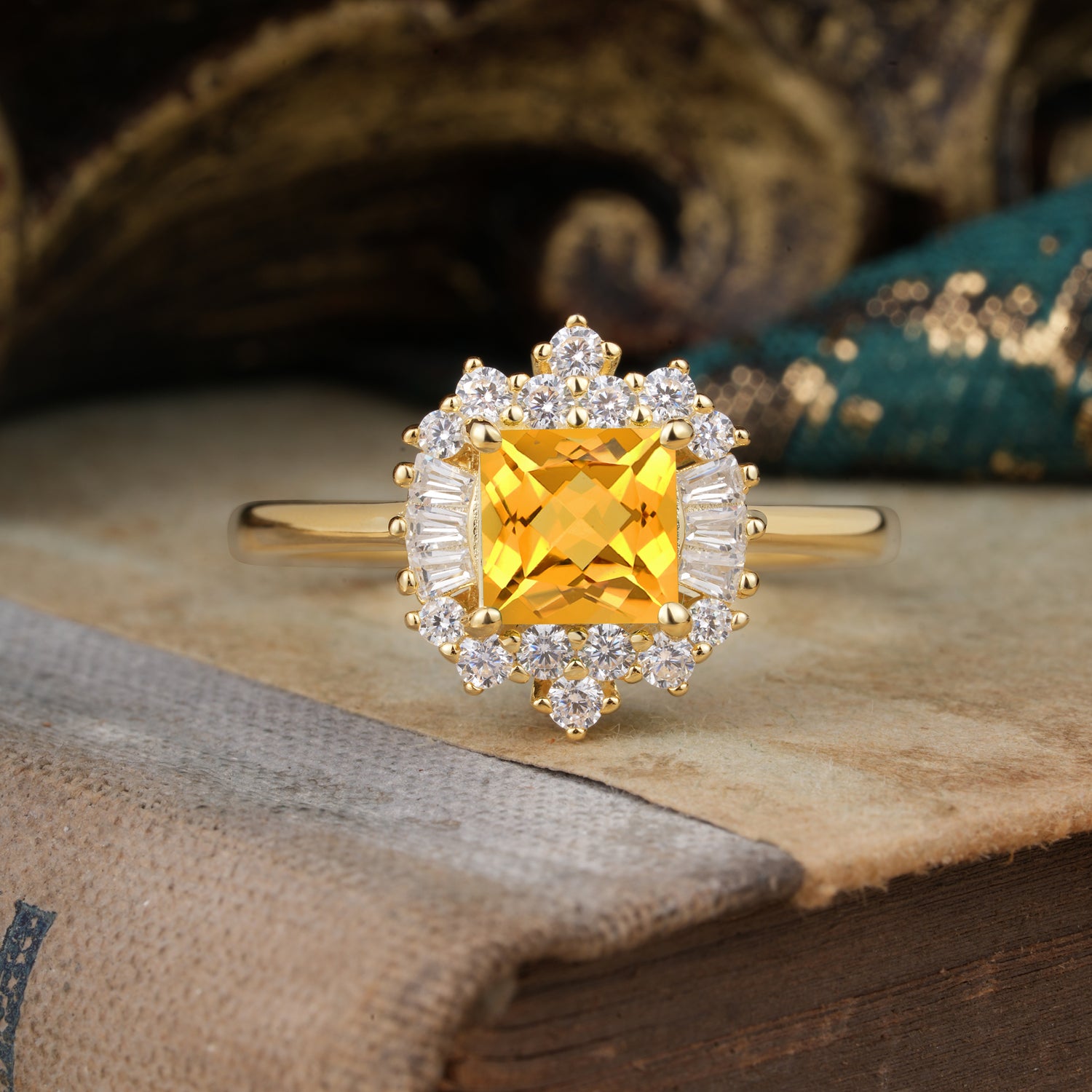Classic 4 Prong Princess Cut Citrine Cluster Engagement Ring
