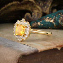 Princess Cut Citrine Engagement Ring Brilliant Cluster Ring