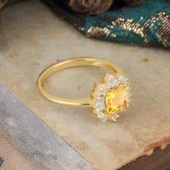 Princess Cut Citrine Engagement Ring Brilliant Cluster Ring