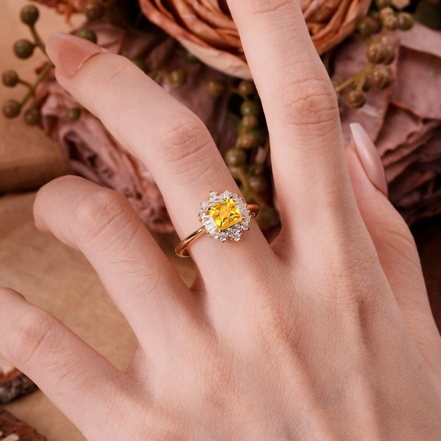 Classic 4 Prong Princess Cut Citrine Cluster Engagement Ring
