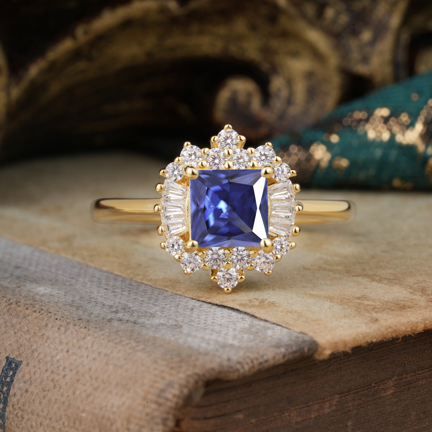 Classic 4 Prong Princess Cut Tanzanite Cluster Engagement Ring