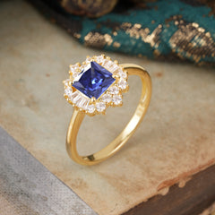 Princess Cut Tanzanite Engagement Ring Brilliant Cluster Ring