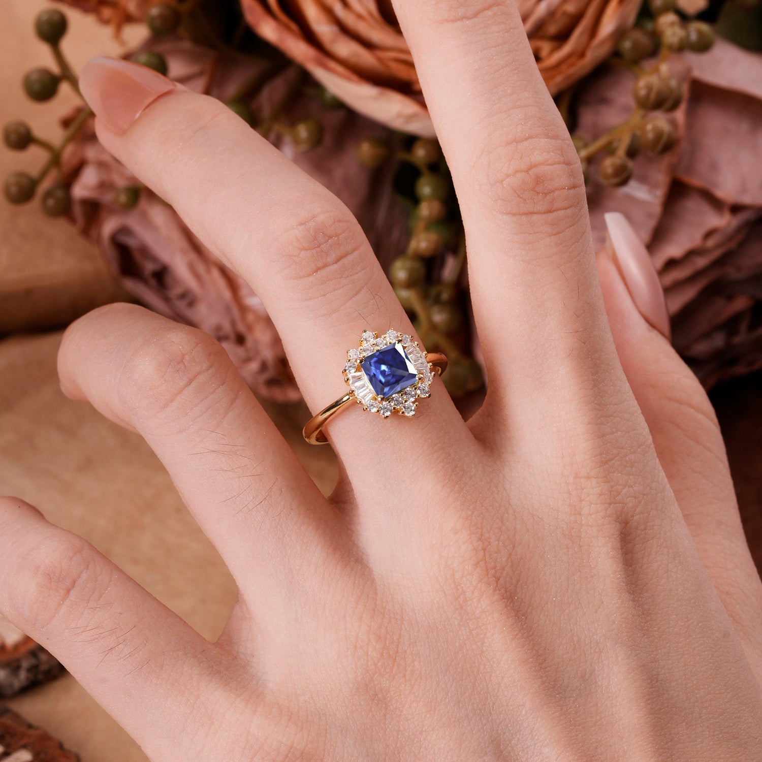 Classic 4 Prong Princess Cut Tanzanite Cluster Engagement Ring