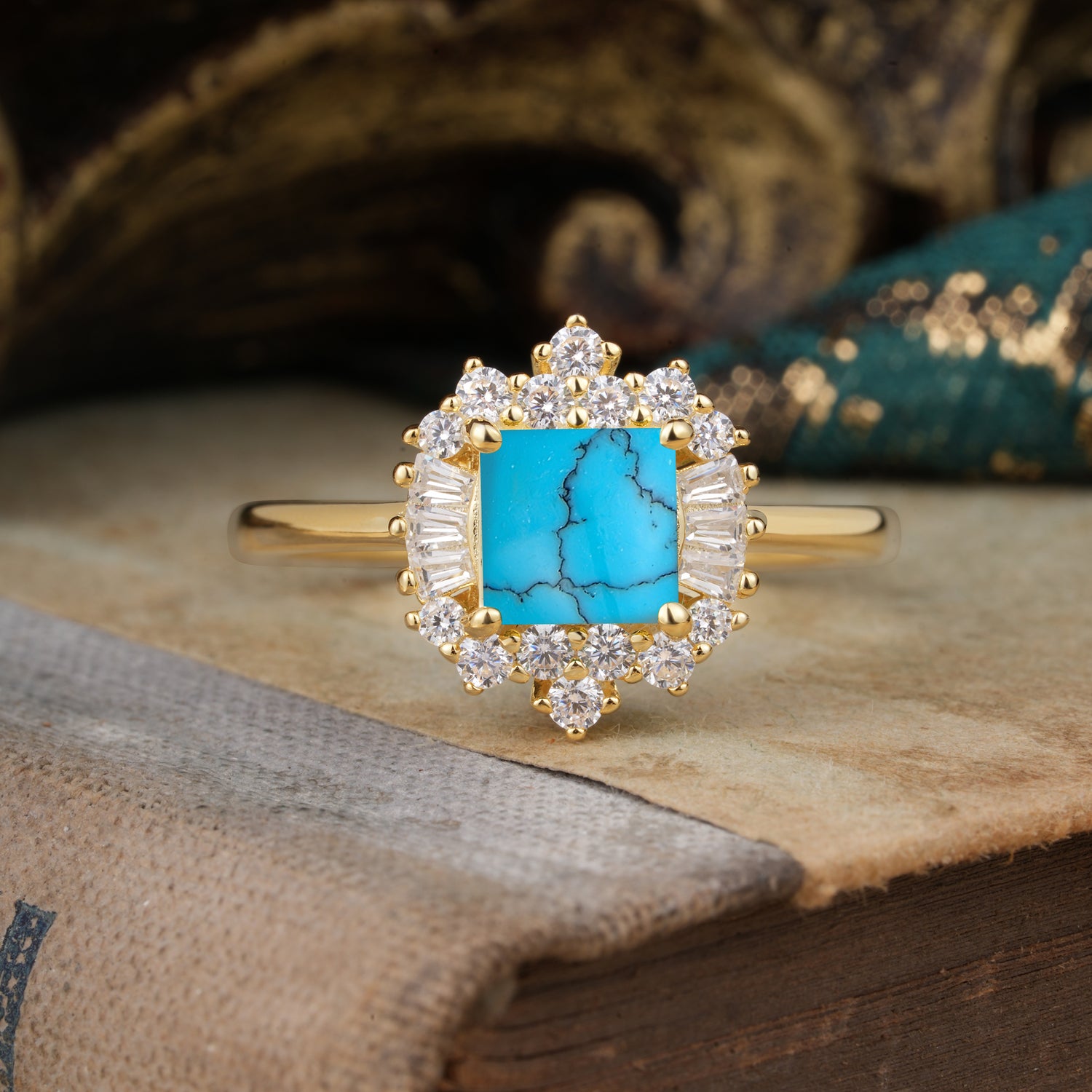 Classic 4 Prong Princess Cut Turquoise Cluster Engagement Ring