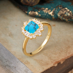 Princess Cut Turquoise Engagement Ring Brilliant Cluster Ring