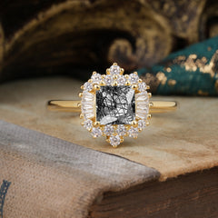 Princess Cut Black Rutilated Quartz Engagement Ring Brilliant Cluster Ring