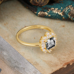 Princess Cut Black Rutilated Quartz Engagement Ring Brilliant Cluster Ring