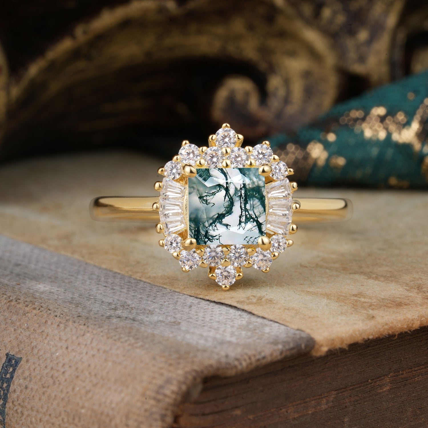 Classic 4 Prong Princess Cut Moss Agate Cluster Engagement Ring
