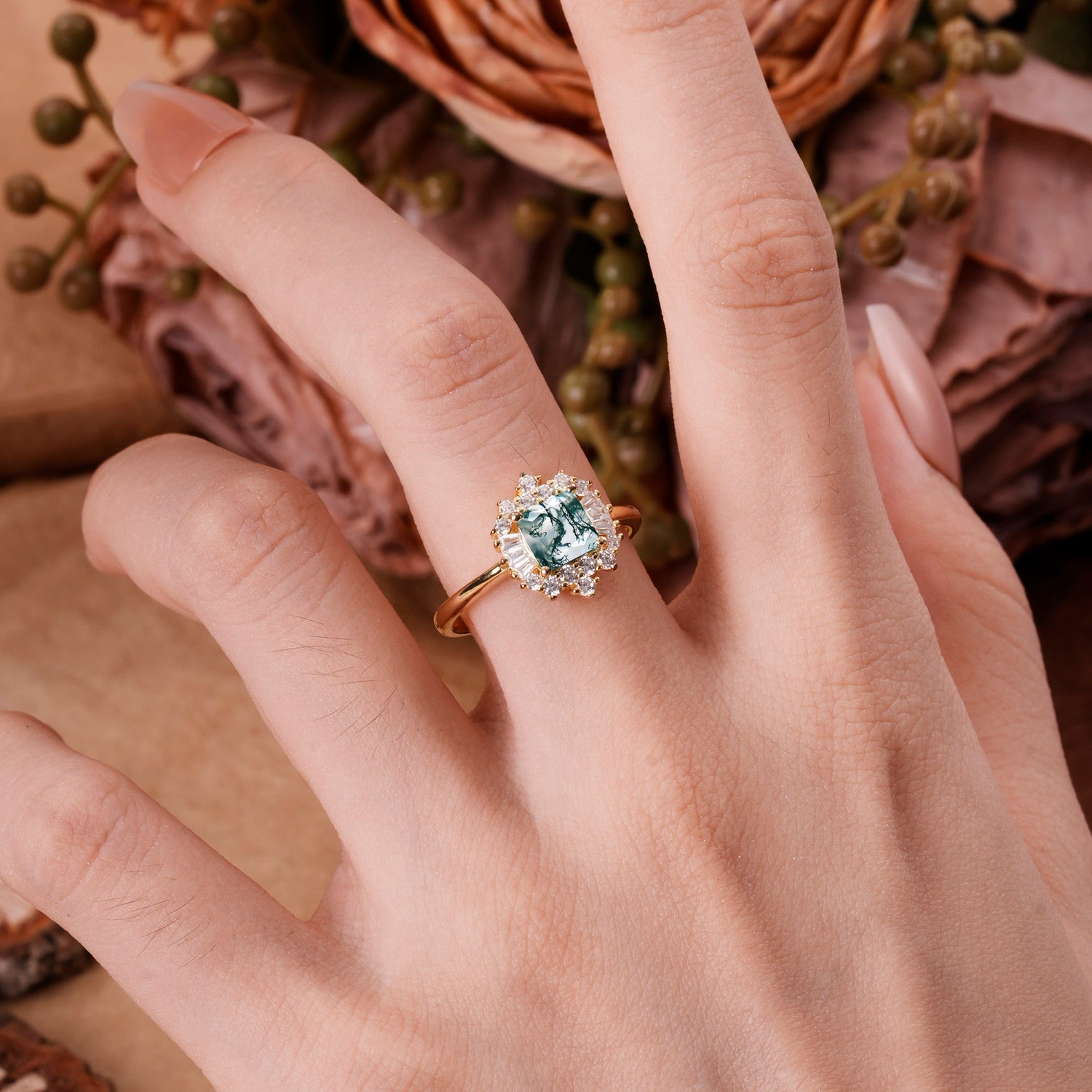 Classic 4 Prong Princess Cut Moss Agate Cluster Engagement Ring