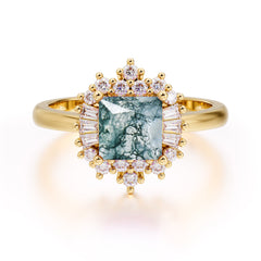 Princess Cut Moss Agate Engagement Ring Brilliant Cluster Ring