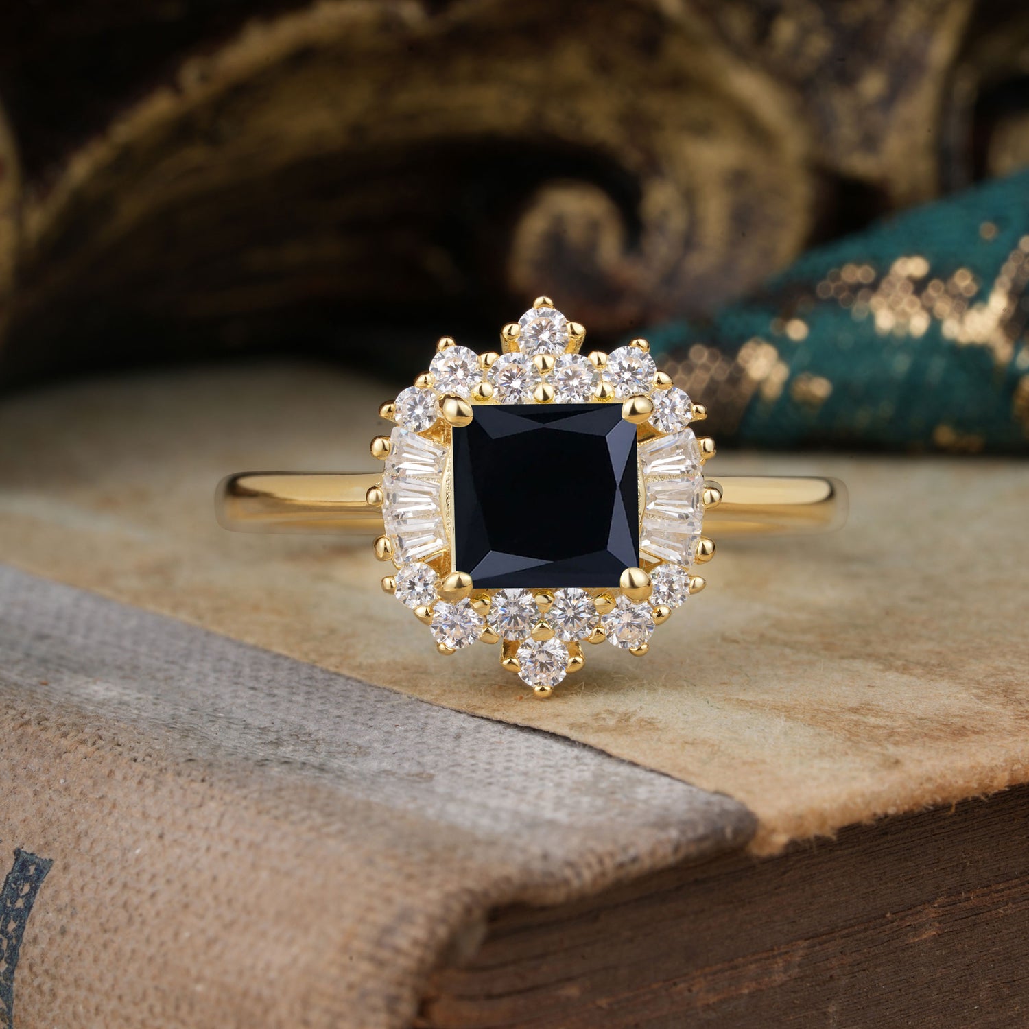 Classic 4 Prong Princess Cut Black Onyx Cluster Engagement Ring