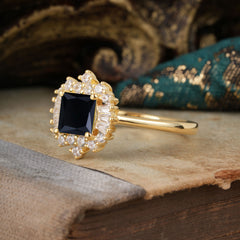 Princess Cut Black Onyx Engagement Ring Brilliant Cluster Ring