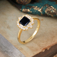 Princess Cut Black Onyx Engagement Ring Brilliant Cluster Ring