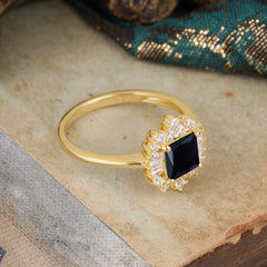 Princess Cut Black Onyx Engagement Ring Brilliant Cluster Ring