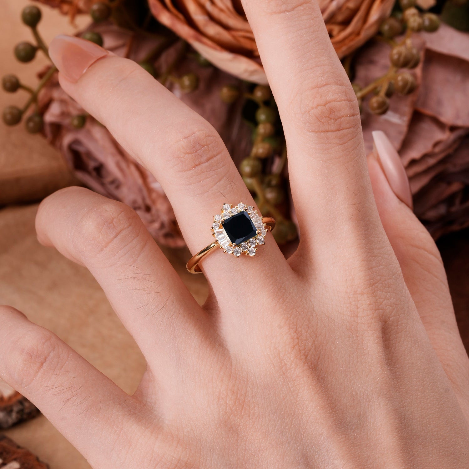 Classic 4 Prong Princess Cut Black Onyx Cluster Engagement Ring