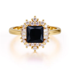 Princess Cut Black Onyx Engagement Ring Brilliant Cluster Ring