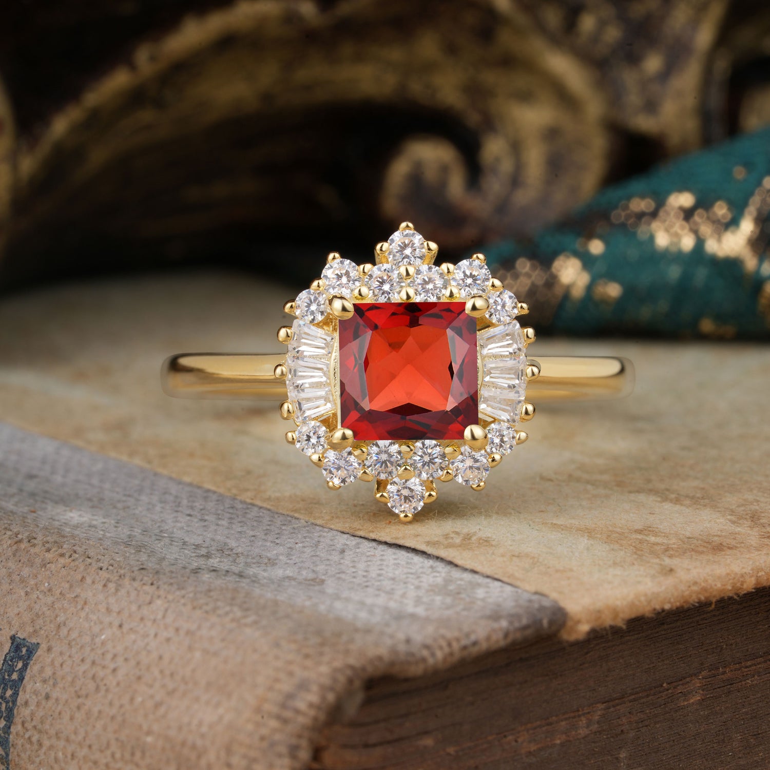 Classic 4 Prong Princess Cut Garnet Cluster Engagement Ring