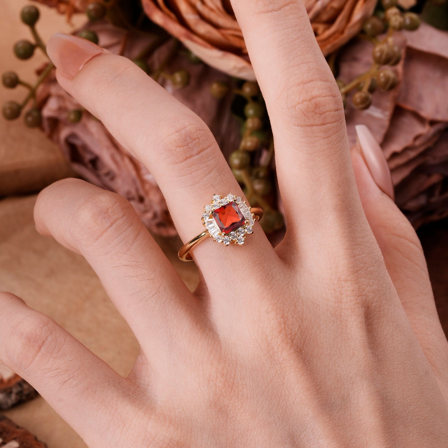 Classic 4 Prong Princess Cut Garnet Cluster Engagement Ring