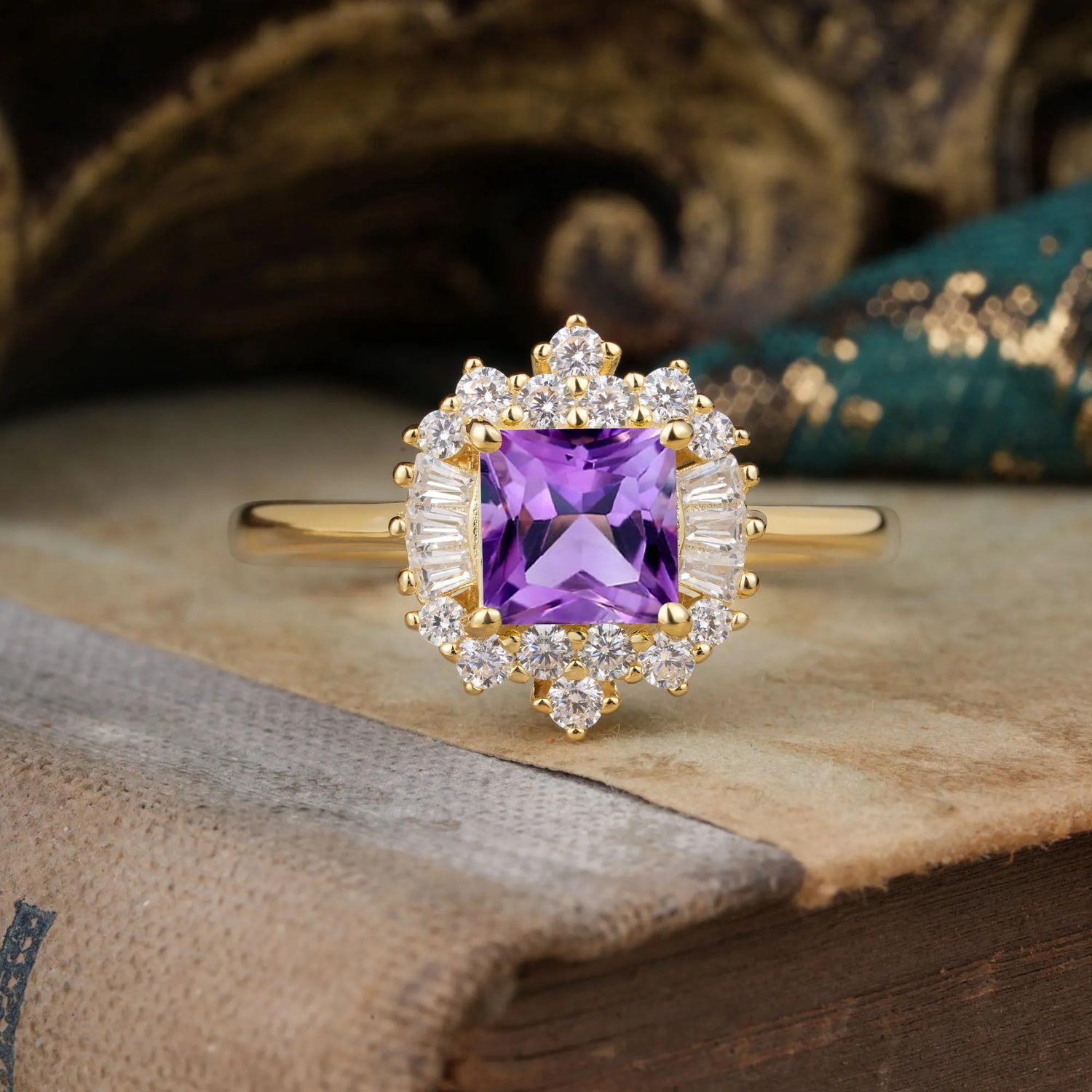 Classic 4 Prong Princess Cut Amethyst Cluster Engagement Ring