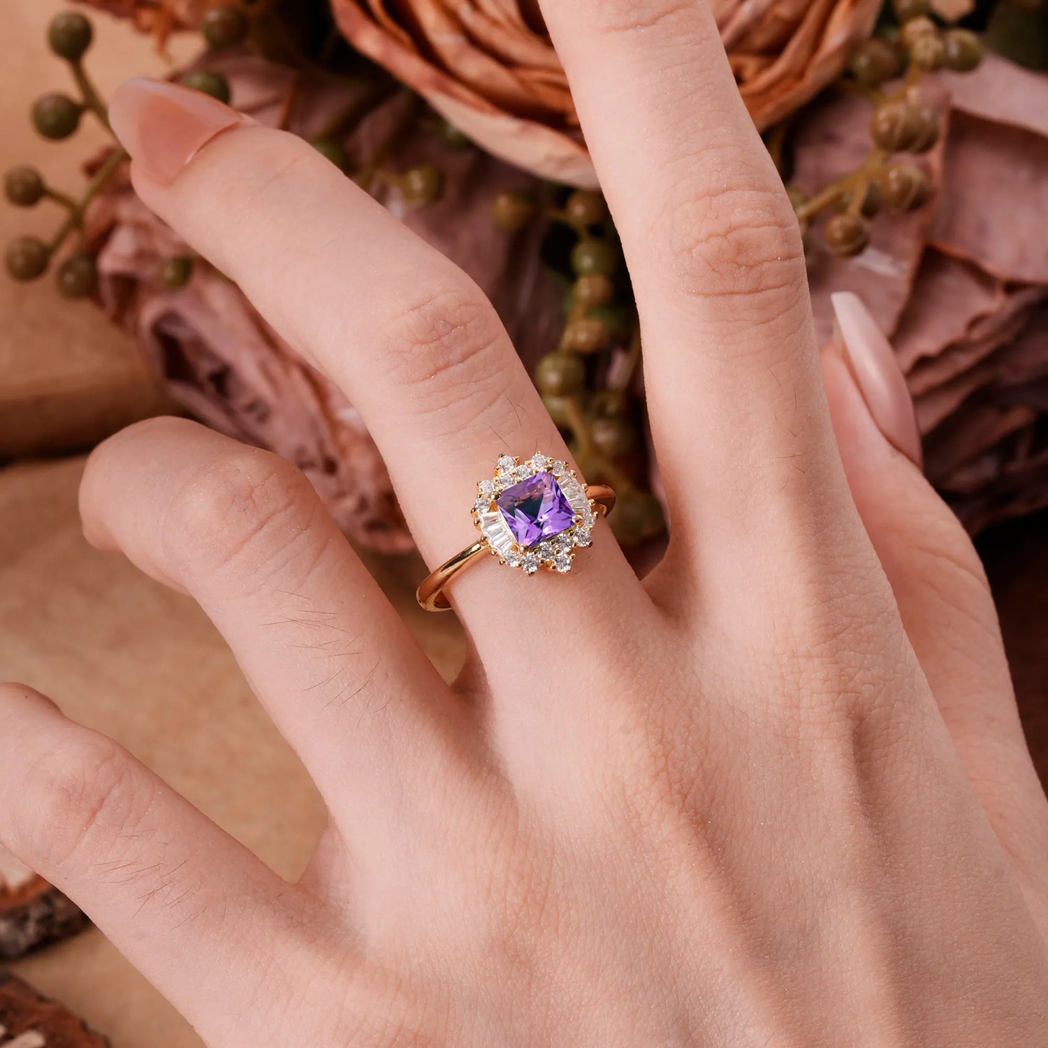 Classic 4 Prong Princess Cut Amethyst Cluster Engagement Ring