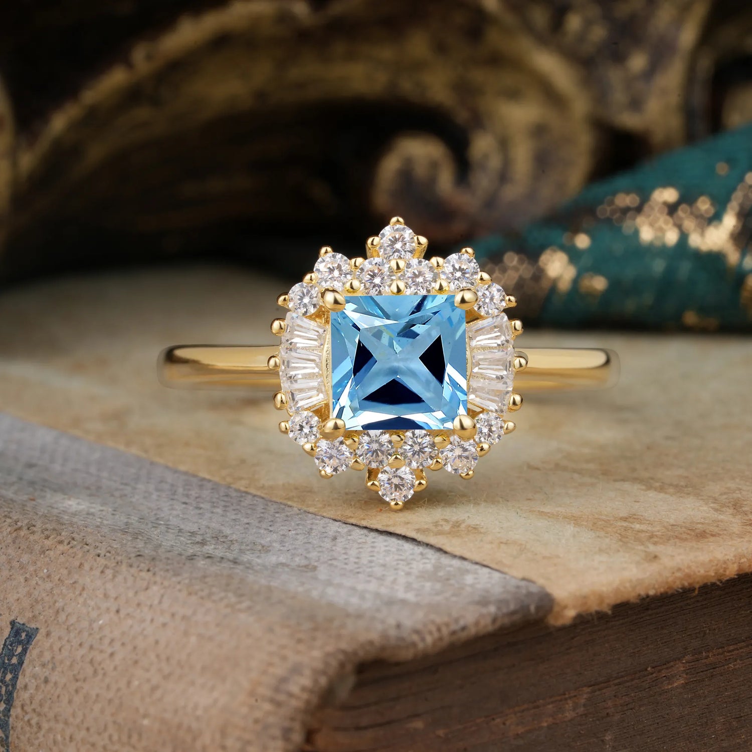 Classic 4 Prong Princess Cut Aquamarine Cluster Engagement Ring
