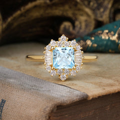 vintage Aquamarine Princess Cut Ring with Brilliant Cluster Design